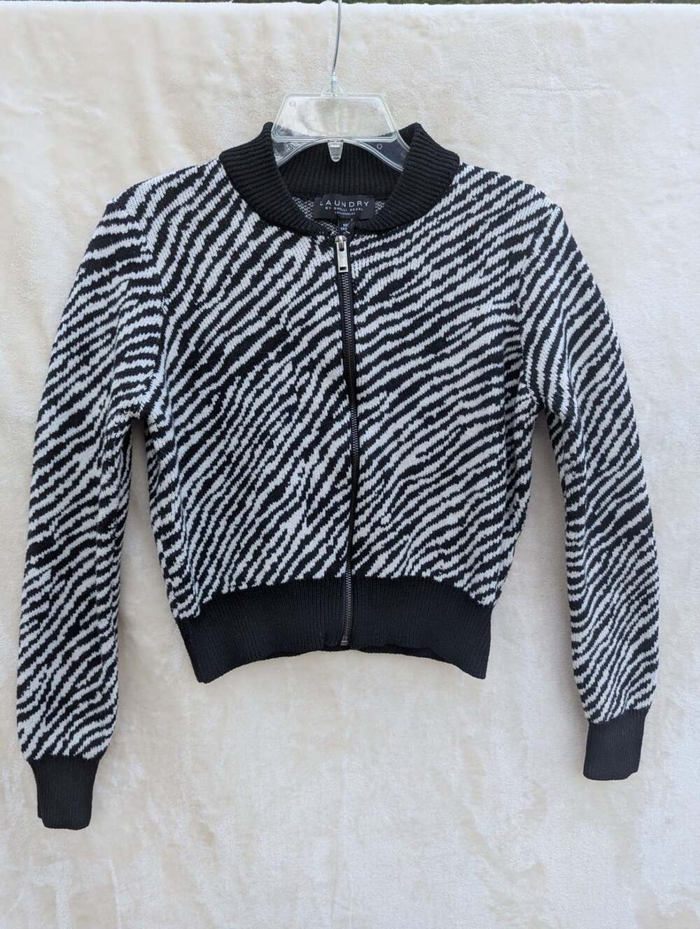 Laundry by Shelli Segal Black and White Zebra Print Full Zip Knit Bomber Jacket